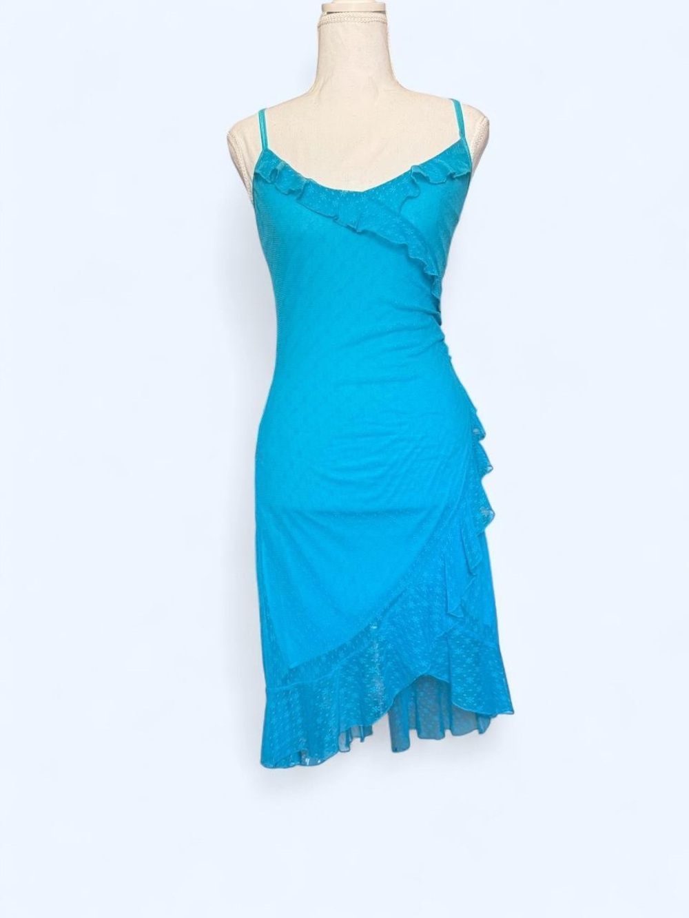 🩵 Vintage Y2K Touch 9  Turquoise Ruffle Mesh Midi Dress 🩵